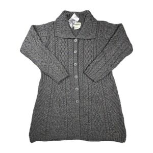 Aran Crafts‎ Merino Wool Cable Knit Cardigan Womens L Long Gray Ireland NWT